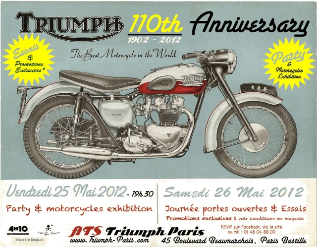 Le flyer de la soirée organisée par ATS Motorcycles, à l'occasion des 110 ans de Triumph.