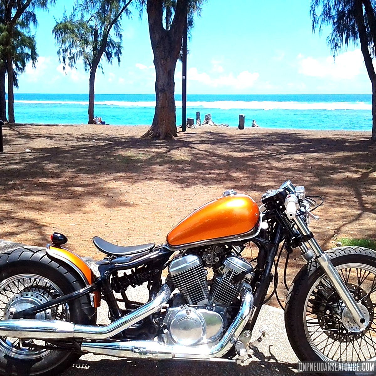 Au guidon de sa Honda Shadow custom, Xav vous passe le bonjour de La Réunion...